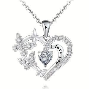 NWT Silver White “I Love You“ Heart Butterflies Bling Bling Rhinestones Necklace